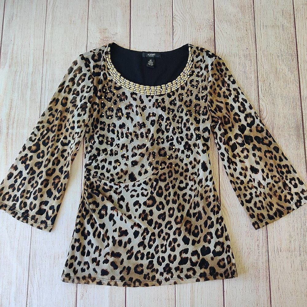 Alfani embellished animal print stretch mesh top sz PP